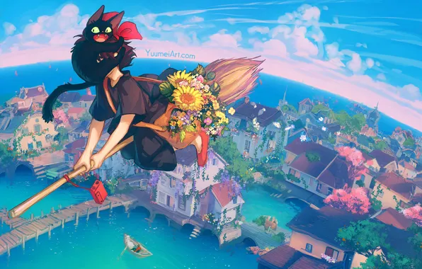 Кошка, небо, вода, девушка, город, ведьма, Kiki, Jiji