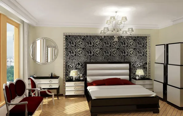 Комната, кровать, подушки, зеркало, спальня