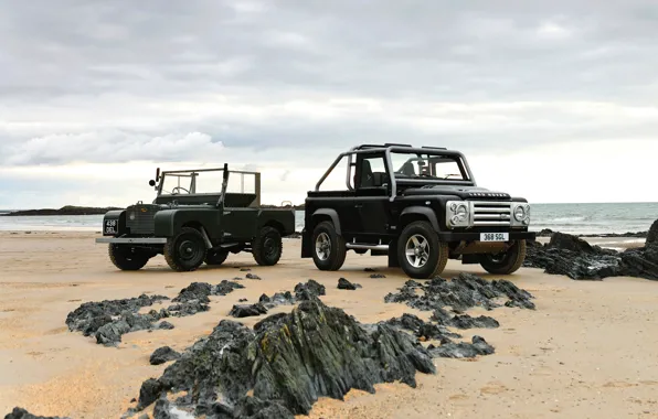2008, Land Rover, на берегу, 1948, Defender, Series I, SVX, 60th Anniversary Edition