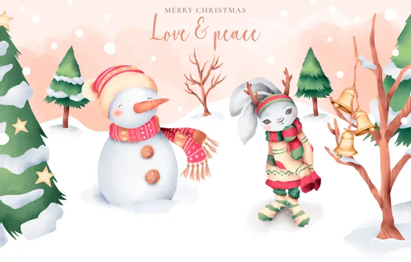 Картинка зима, снег, кролик, Рождество, Новый год, снеговик, колокольчики, ёлки