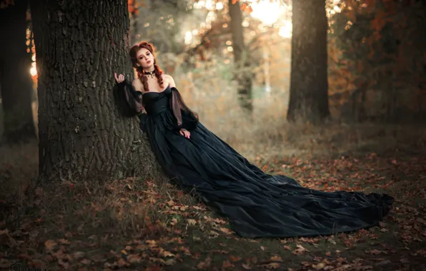 Картинка осень, лес, девушка, деревья, стиль, настроение, платье, Ольга Бойко
