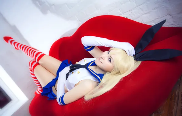 Pretty, cosplay, blonde, sofa, rabbit ears, Kantai Collection, Shimakaze