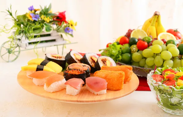 Картинка рыба, апельсины, виноград, фрукты, икра, суши, салат
