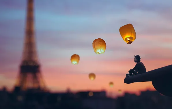 Картинка город, Париж, башня, шляпа, мужчина, фонарики, Vincent Bourilhon