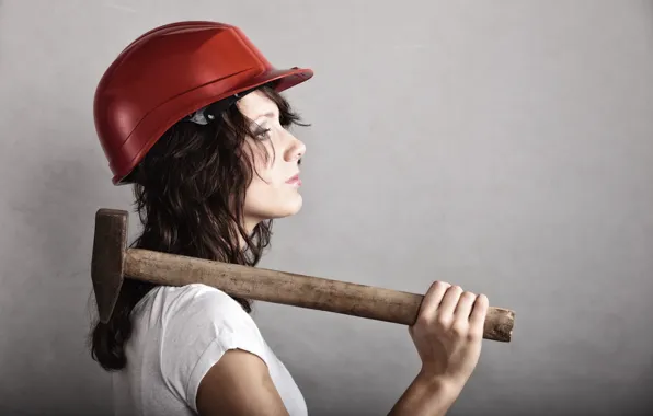 Картинка woman, hammer, helmet, profile view