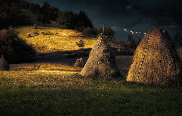 Картинка пейзаж, ночь, природа, поля, сено, стога, Adnan Bubalo