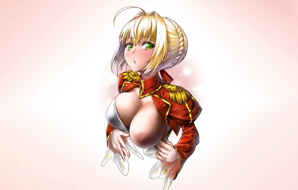 Girl, sexy, blouse, green eyes, nipples, boobs, anime, beautiful