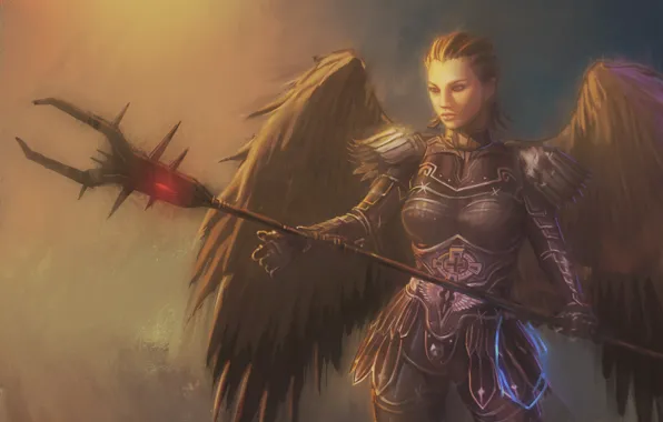 Девушка, крылья, ангел, воин, арт, копье, archangel