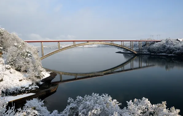 Картинка зима, деревья, мост, река