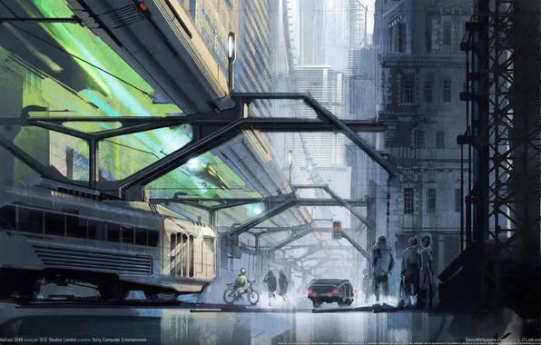 Картинка город, будущее, транспорт, поезд, WipEout 2048