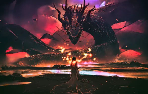 Небо, тьма, женщина, дракон, жара, фэнтези, fantasy, искусство