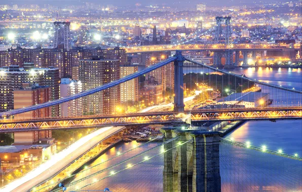 Картинка ночь, город, огни, Нью-Йорк, выдержка, США, мосты, манхеттен