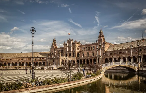 Площадь, канал, мосты, Испания, дворец, Andalusia, Seville