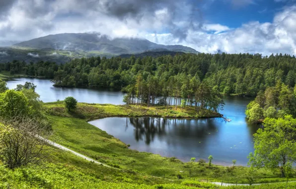 Лес, небо, пейзаж, горы, озеро, парк, HDR, Великобритания