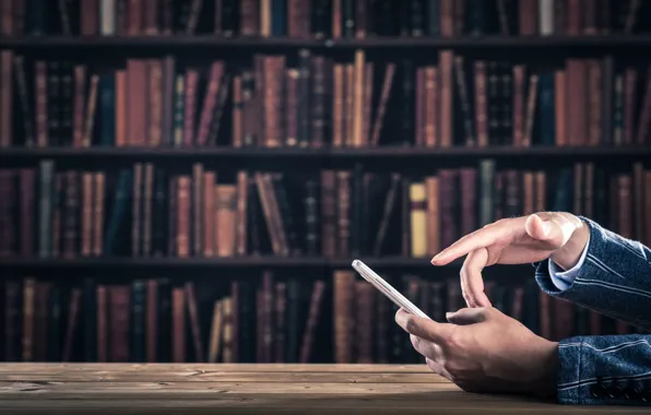Fingers, library, cell phone
