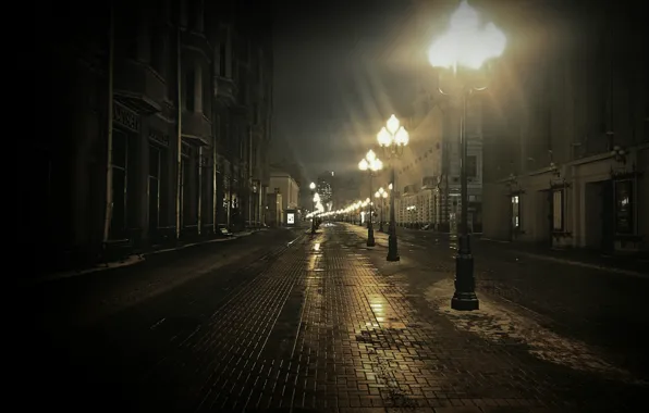 Город, огни, улица, фонари, ночной, бульвар