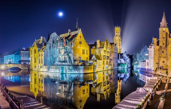 Ночь, Бельгия, Panorama of Bruges