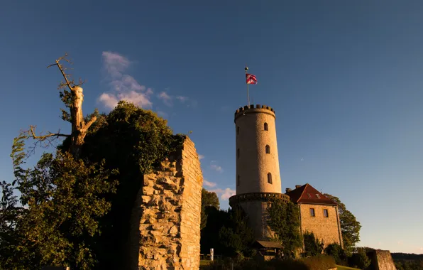 Wall, Germany, Castle, View, Flag, Sunshine, Trees, Warm
