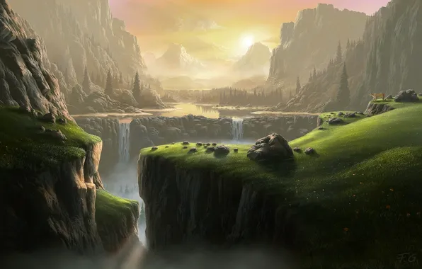 Картинка лес, горы, водопад, пума, Fel-X