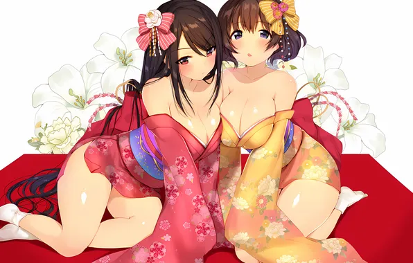 Sexy, yukata, cleavage, long hair, dress, legs, girls, boobs