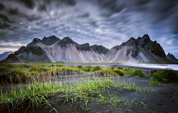 Картинка небо, горы, Исландия, Vestrahorn, Stockksness, чёрный песок