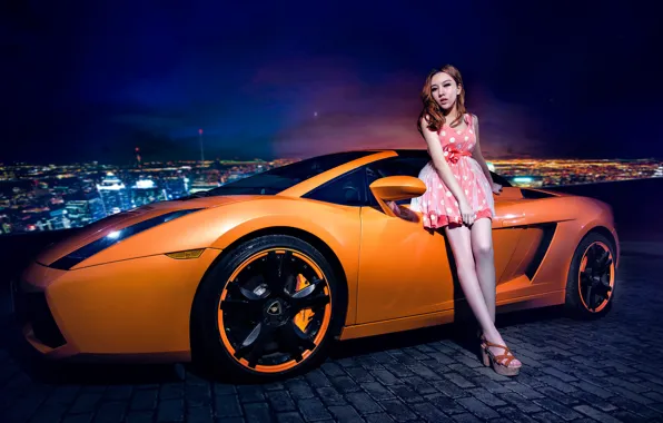Картинка машина, авто, девушка, модель, азиатка, автомобиль, Lamborghini Gallardo, korean model