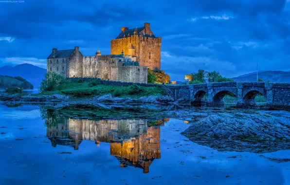Мост, отражение, замок, Шотландия, Scotland, фьорд, Eilean Donan Castle, Loch Duich