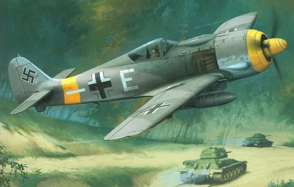 Картинка небо, земля, рисунок, истребитель, танки, немецкий, Focke Wulf, Великая отечественная война