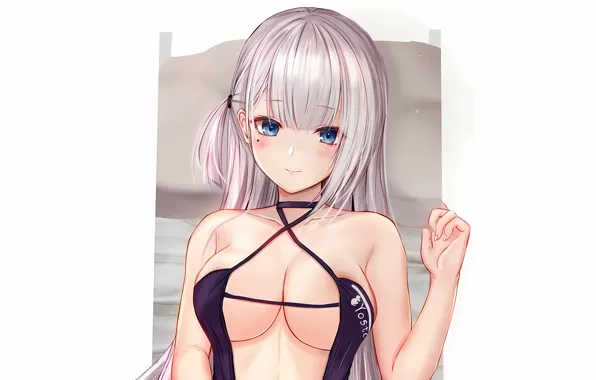 Girl, sexy, cleavage, blouse, long hair, boobs, anime, blue eyes