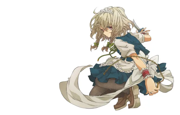 Часы, нож, белый фон, сидит, touhou, горничная, art, косичка