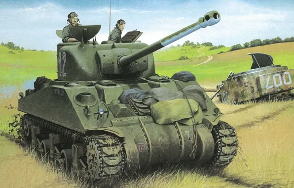 Поле, рисунок, арт, танк, WW2, танкисты, с 76-мм орудием «Шерман», M4A1(76)W американский