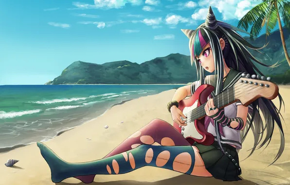 Картинка песок, пляж, девушка, пальма, гитара, ракушка, арт, mioda ibuki