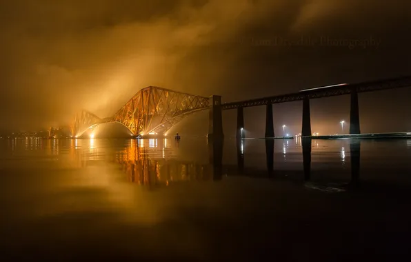 Картинка ночь, мост, огни, туман, река