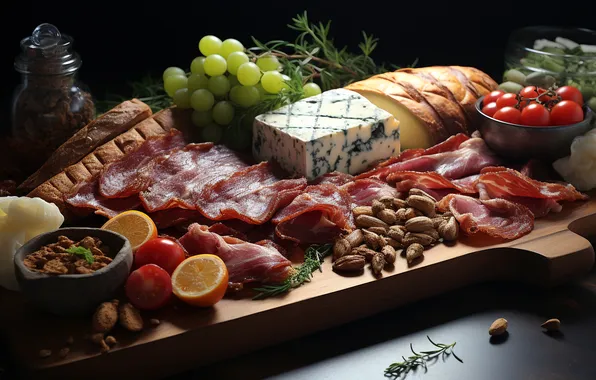 Сыр, виноград, мясо, ИИ-арт, нейросеть
