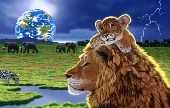 Картинка планета, арт, Земля, львы, William Schimmel