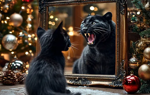 Котенок, Кот, Мечты, Зеркало, Пантера, Новый год