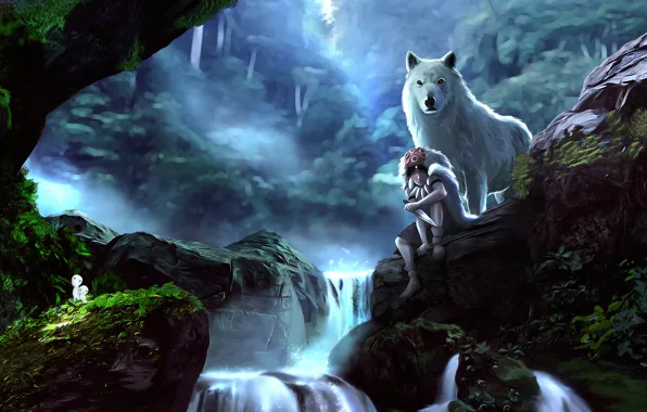 Картинка лес, девушка, камни, волк, art, princess mononoke