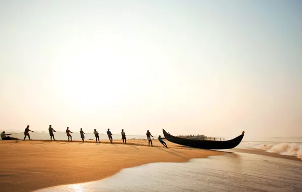 Картинка берег, лодка, человек, Индия, Тривандрам, Poovar Beach