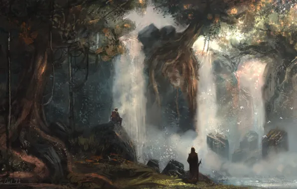 Картинка лес, деревья, река, камни, люди, арт, водопады, валуны