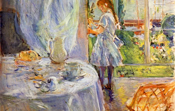Картинка стол, ребенок, интерьер, картина, окно, девочка, Berthe Morisot, The Child with the Headstock