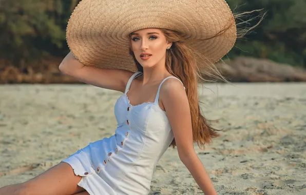 Картинка девушка, природа, шляпа, платье, шатенка