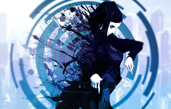 Круги, брызги, пистолет, Ergo Proxy, синие, кобура, размытый фон, исчезновение