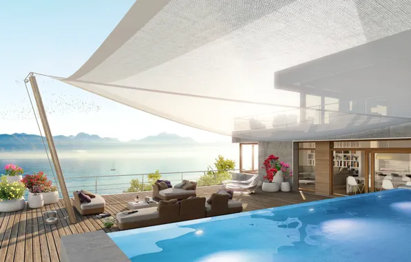 Pool, lake, luxury, boat, Villa, terrace