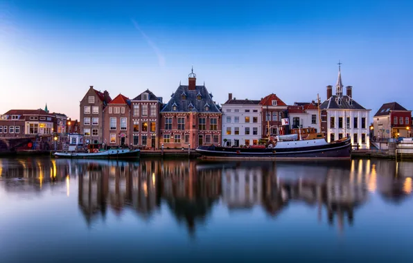 Картинка отражение, река, лодки, Нидерланды, Maassluis, Maas river