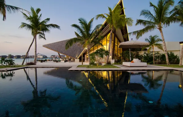 Пальмы, океан, бассейн, Мальдивы, курорт, Maldives, Jumeirah Vittaveli, Hybris