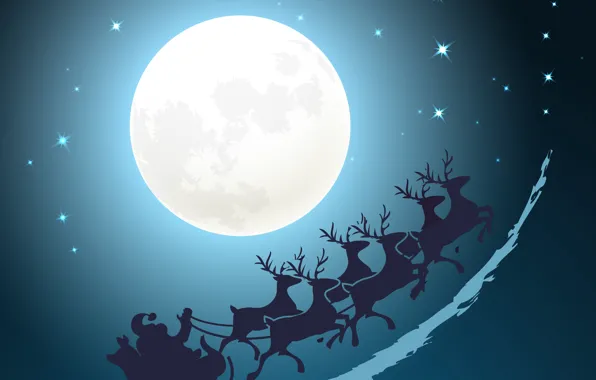 Картинка Зима, Ночь, Луна, Рождество, Новый год, Санта Клаус, Олени, Сани