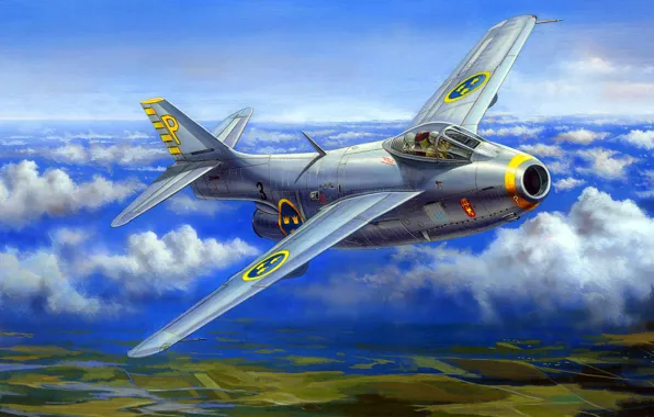 Рисунок, арт, Saab 29 Tunnan, ВВС Швеции, шведский реактивный истребитель