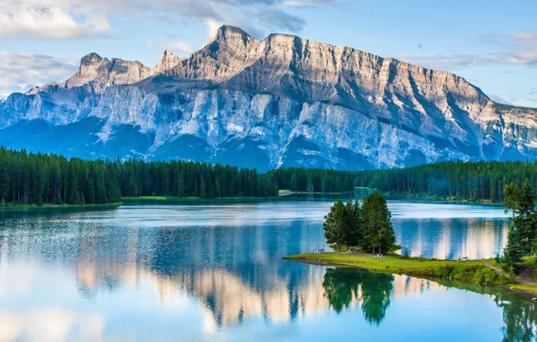 Лес, горы, озеро, Канада, Альберта, Banff National Park, Two Jack Lake