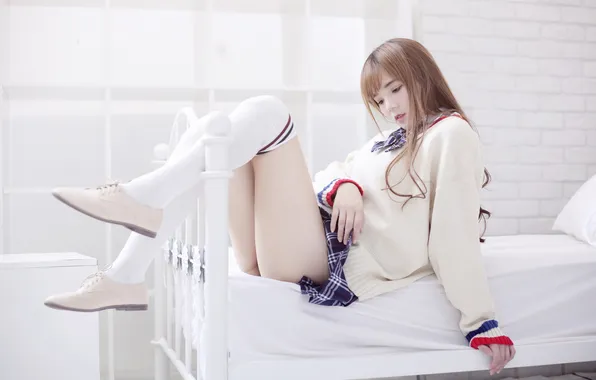 Asian, model, women, brunette, sitting, in bed, schoolgirl, bent legs