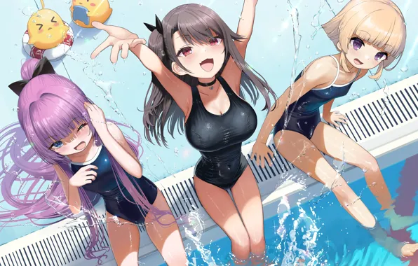 Sexy, wet, pool, cleavage, long hair, legs, girls, brown hair